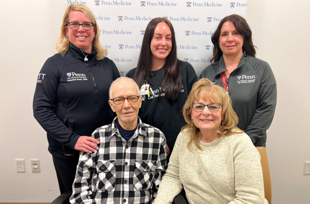 From left: Allogeneic Bone Marrow and Stem Cell Transplant Program Coordinator Jackie Smith, MSN,CRNP; her daughter, inpatient nurse Rachel Smith, BSN, RN; and her sister, clinical research nurse Kim Hummel, BSN, RN, with bone marrow transplant patient David DeSantis and his wife Tammy.